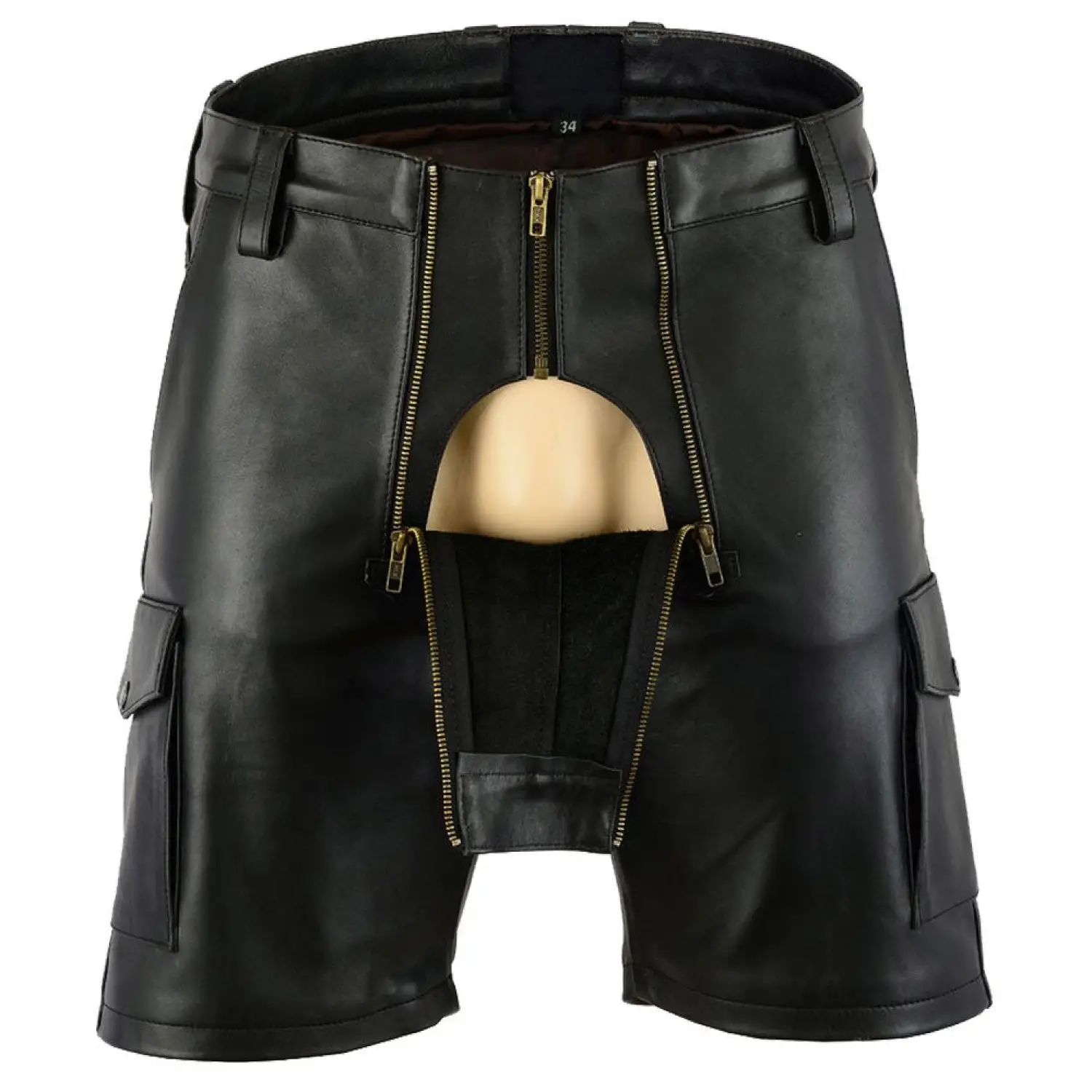 Men's Black Faux Leather Cargo Shorts with Two-Way Zipper